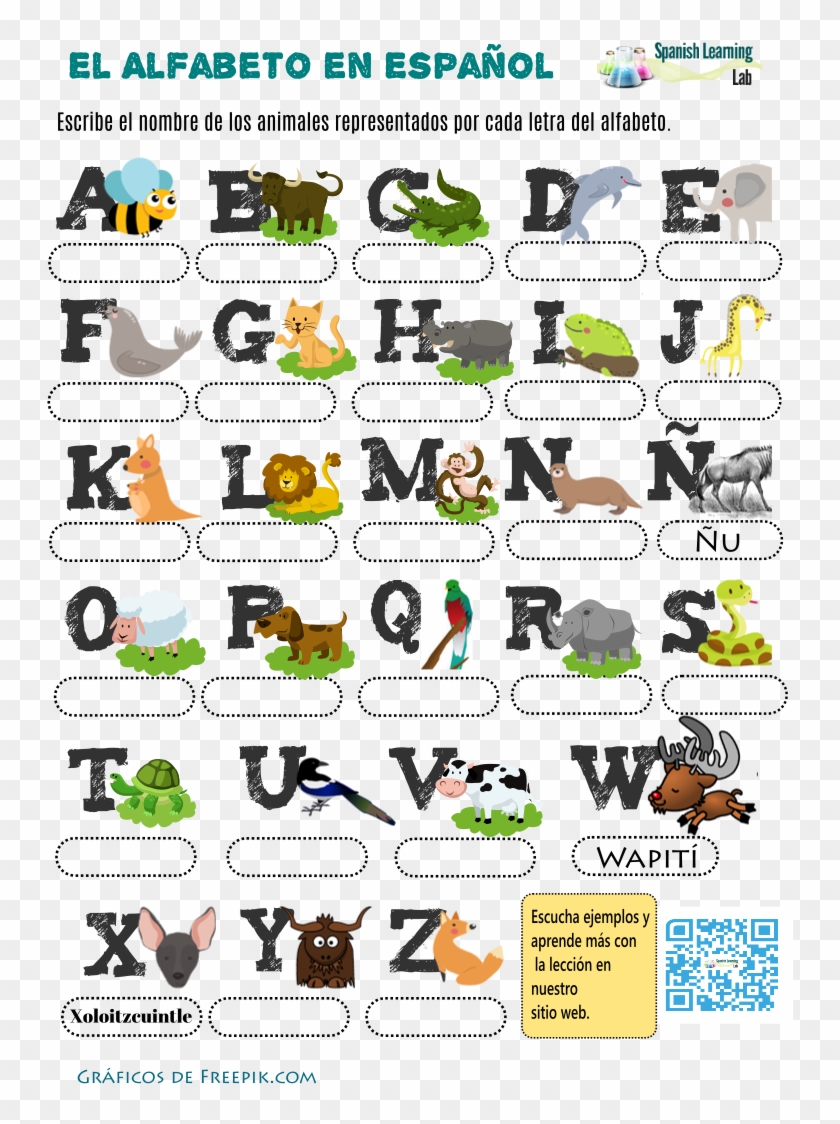 Alphabet In Spanish With Animals - Animales En Espanol Hoja De Trabajo Clipart
