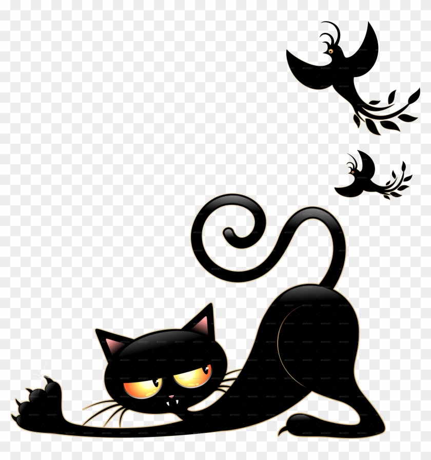 Cat Cartoon In Ambush With Mouse And Birds By Bluedarkat - Black Cat Cartoon Png Clipart