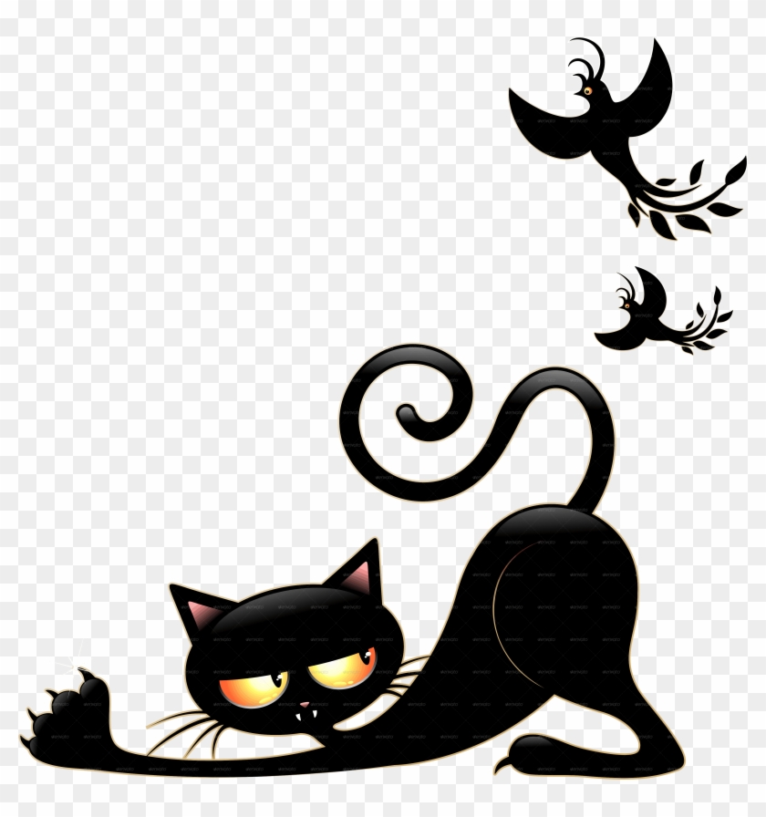 Cat Cartoon In Ambush With Mouse And Birds By Bluedarkat - Black Cat Cartoon Png Clipart #457626