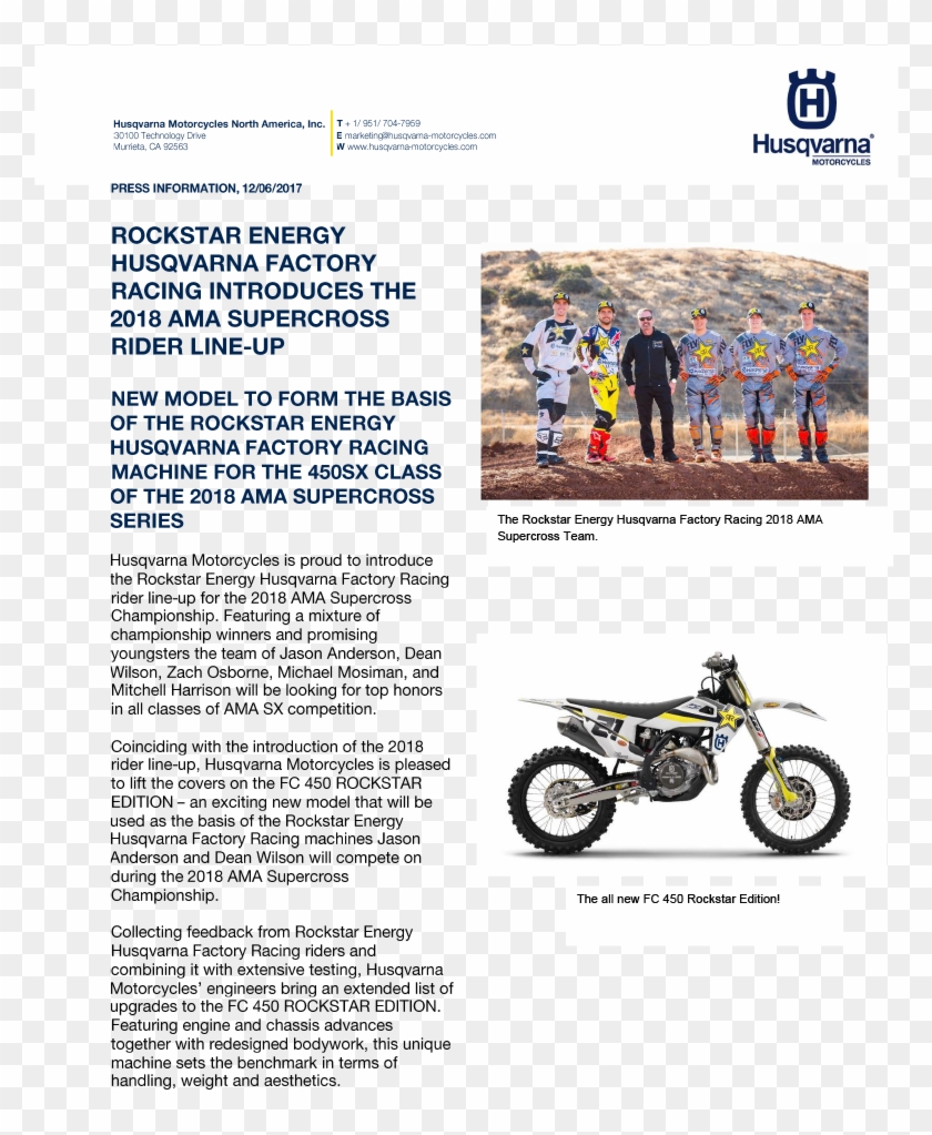 Rockstar Energy Husqvarna Factory Racing Introduces - Motorcycle Clipart