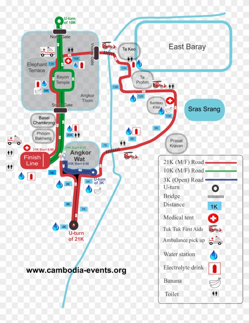 The Route For The Run Is Mostly Paved Or Smooth Red - Angkor Wat Marathon Map Clipart #4511664