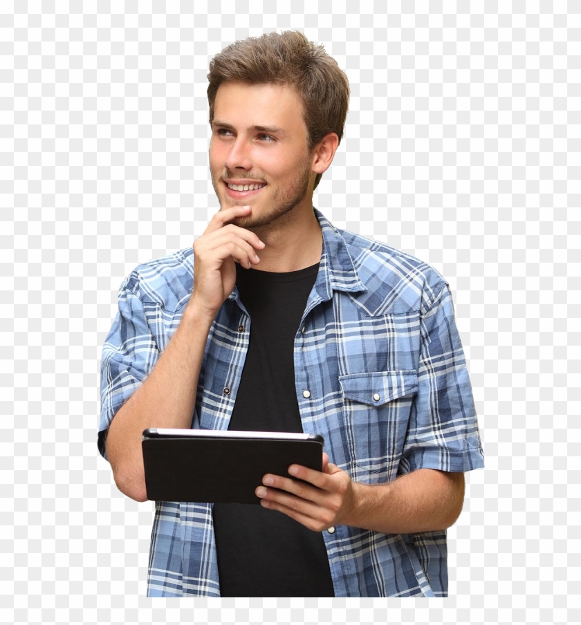 Personpleasantly Distracted Man Thinking - Person With Tablet Clipart