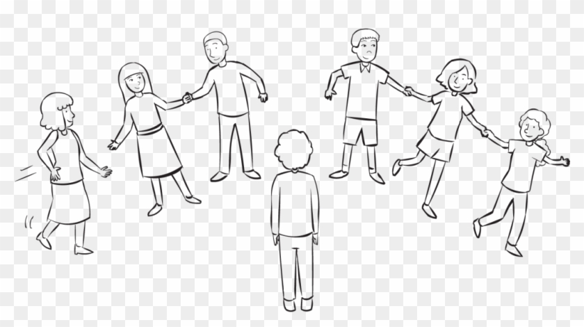 Back Group Of People Holding Hands And Moving Quickly - Line Art Clipart
