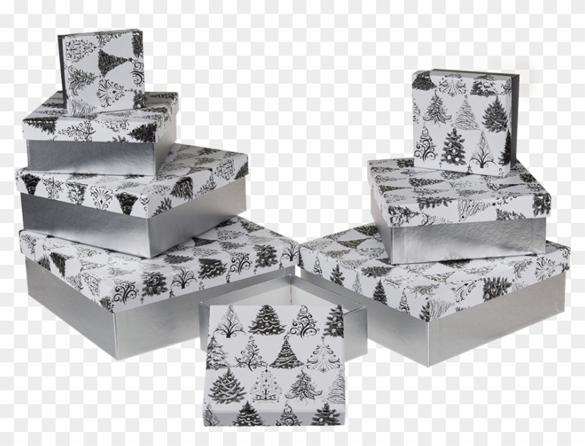 Caja De Regalo Blanca Con Árboles De Navidad Plateados - Caja De Regalo Plateada Clipart #4585299