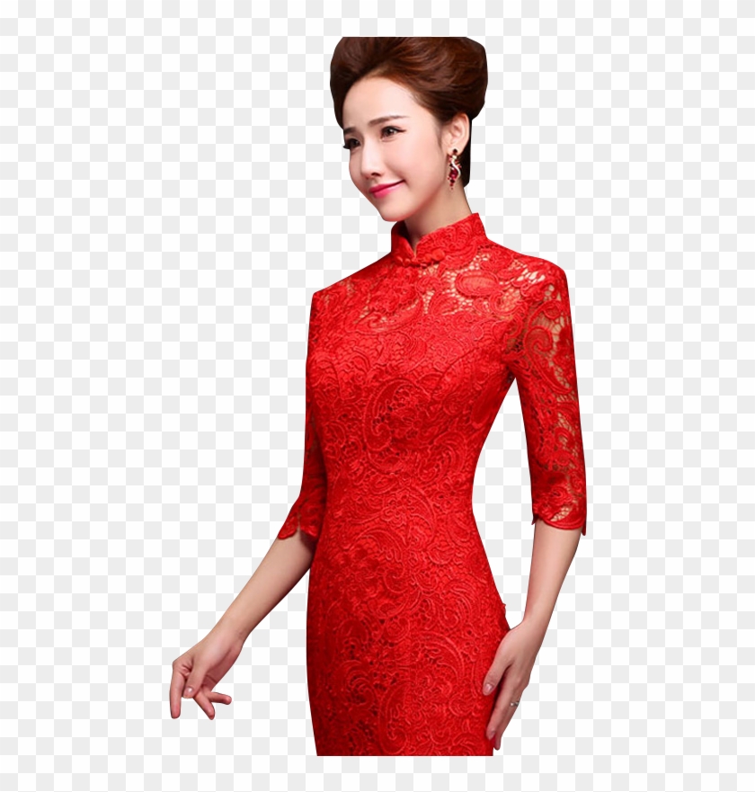 Bsjy-15258 Half Sleeve Hollow Back Red Lace Mermaid - Formal Wear Clipart