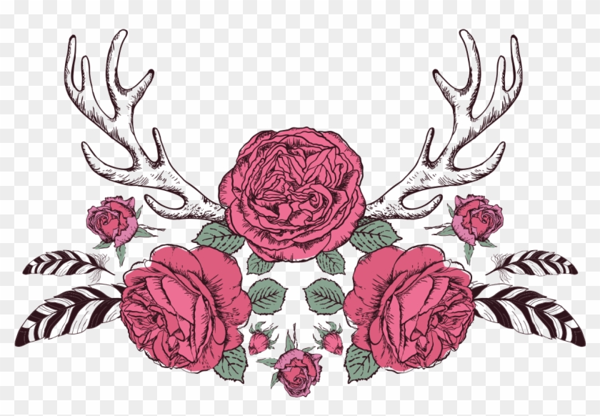 Sticker Boheme Roses Et Plumes Ambiance Sticker Col - Roses With Deer Graphic Design T Shirt Clipart #4599988