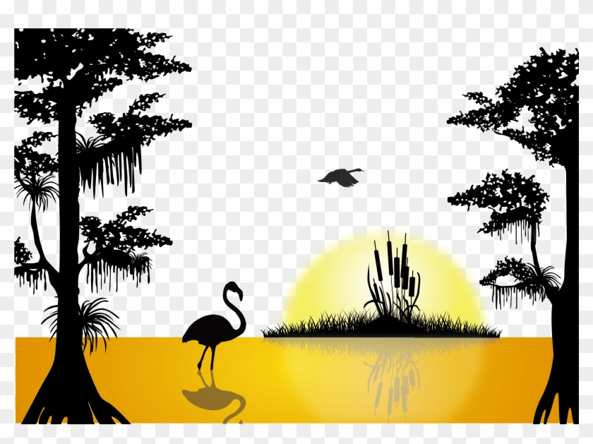 Sunset Lake Silhouette - Lake Silhouette Clipart #468403