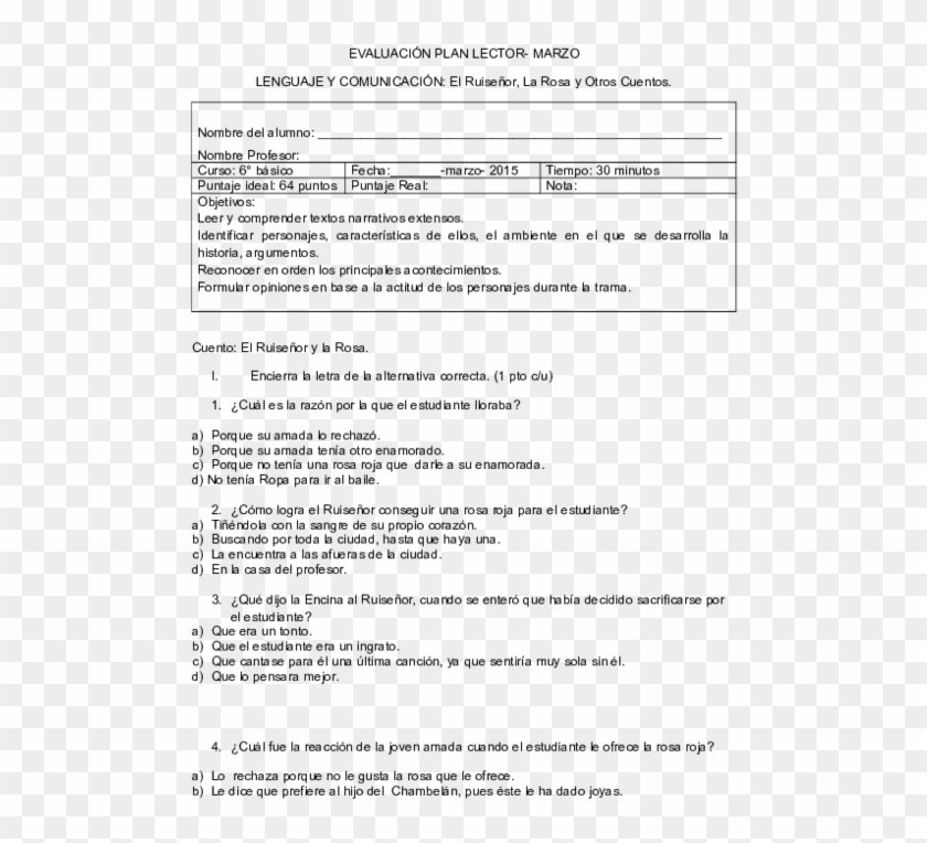 Pdf - Prueba Del Ruiseñor Y La Rosa Clipart #4600686