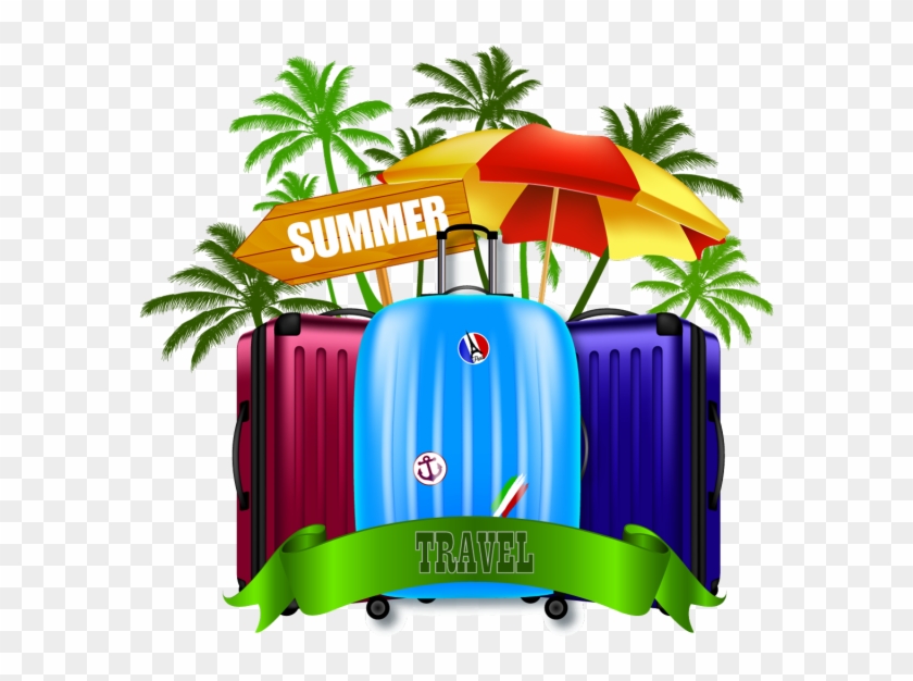 Ilustración Con Maleta De Viaje Y Palmeras - Travel Clipart