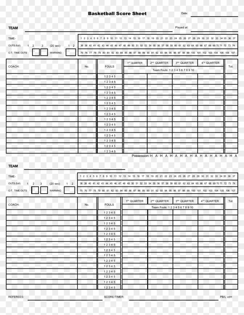 Generic Basketball Score Sheet - Sample Score Sheet For Basketball Clipart