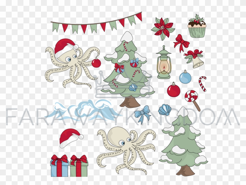 Christmas Octopus Underwater Cartoon Vector Illustration - Illustration Clipart #4608926