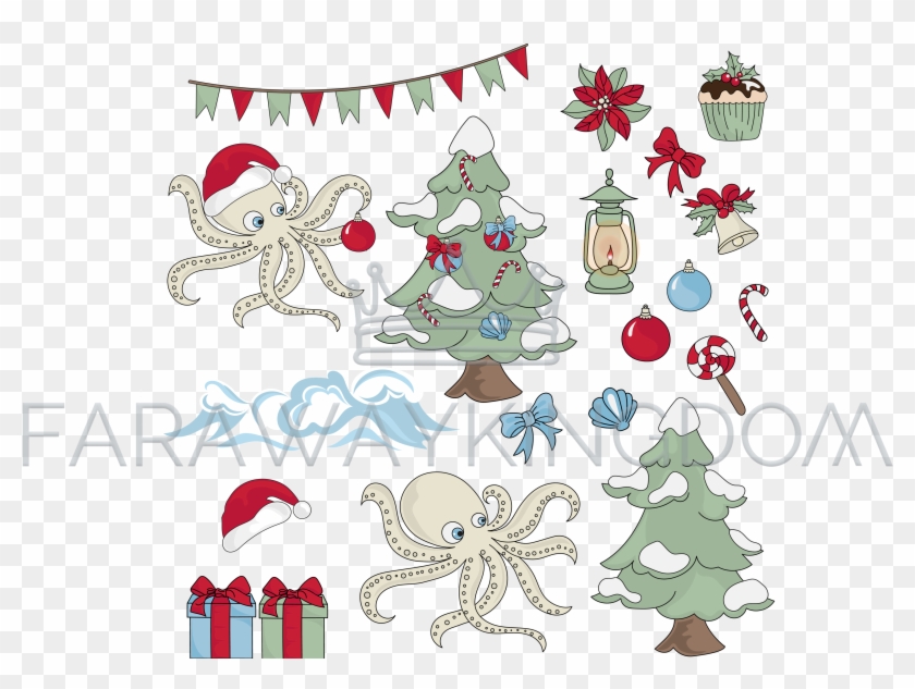 Christmas Octopus Underwater Cartoon Vector Illustration - Illustration Clipart