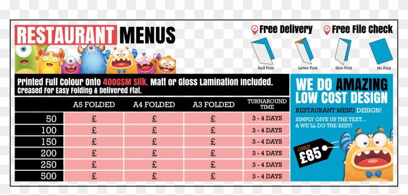 Restaurant Menu Printing - A3 Poster Printing Price Clipart