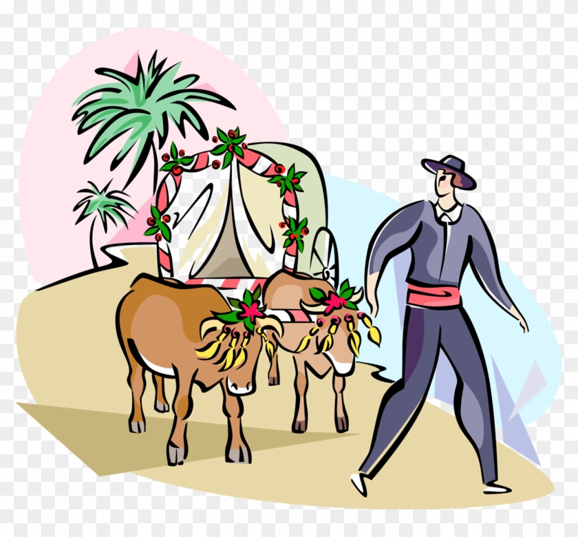 Vector Illustration Of Romeria San Bernabe Bull Cart - Romeria Vector Clipart