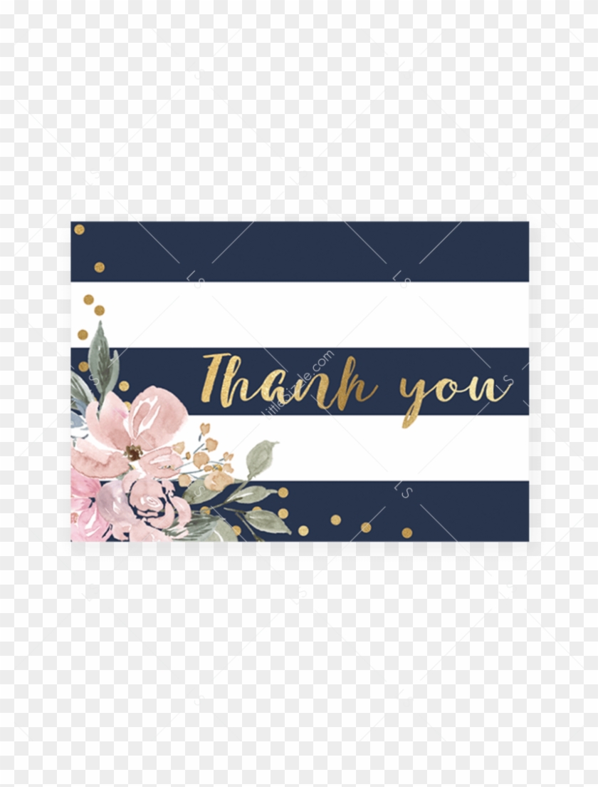Navy Stripes And Pink Flowers Thank You Card Printable - Magnolia Clipart