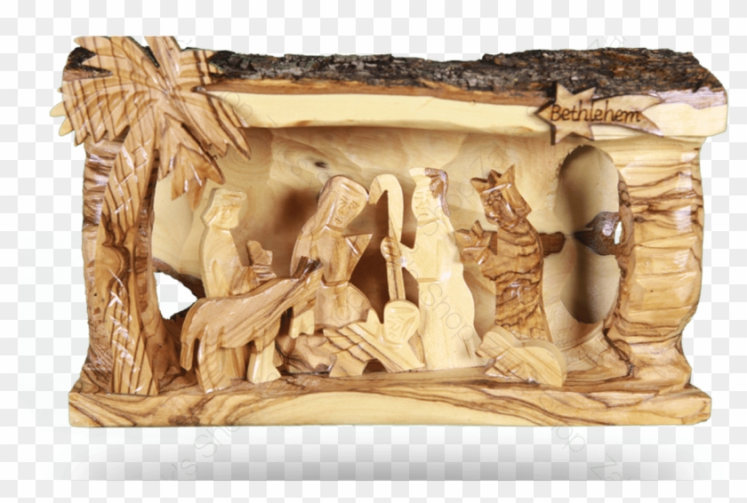 Nativity Scene In Carved Log Zaks Jerusalem Gifts - Nativity Carved In Log Clipart #4641320