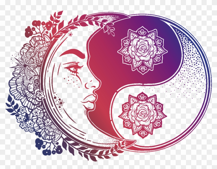 Sticker Boheme Yin Yang Et La Lune Ambiance Sticker - Psychedelic Crescent Moon Face Clipart #4644968