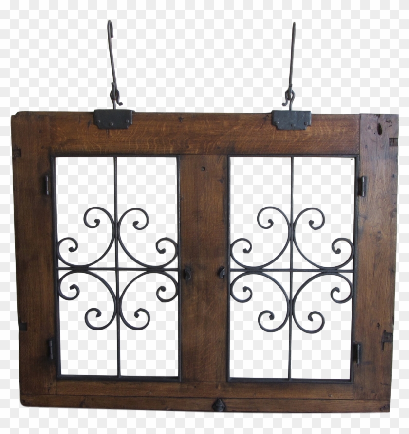 Antique Wrought Iron And Wood Hanging Window-circa - Wood Clipart #4647078
