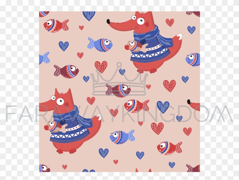 Fish Fox Valentine's Day Seamless Pattern - Cartoon Clipart #4659433