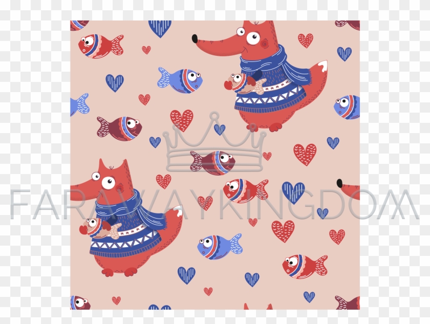 Fish Fox Valentine's Day Seamless Pattern - Cartoon Clipart