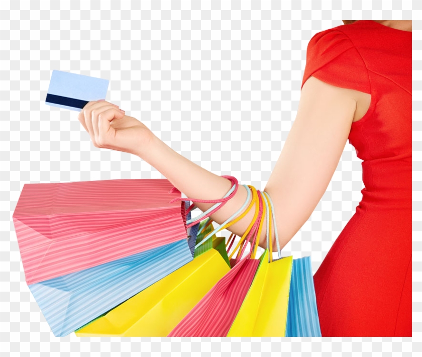 Woman Holding Credit Card With Shopping Bag - Shopping Bag Hand Png Clipart