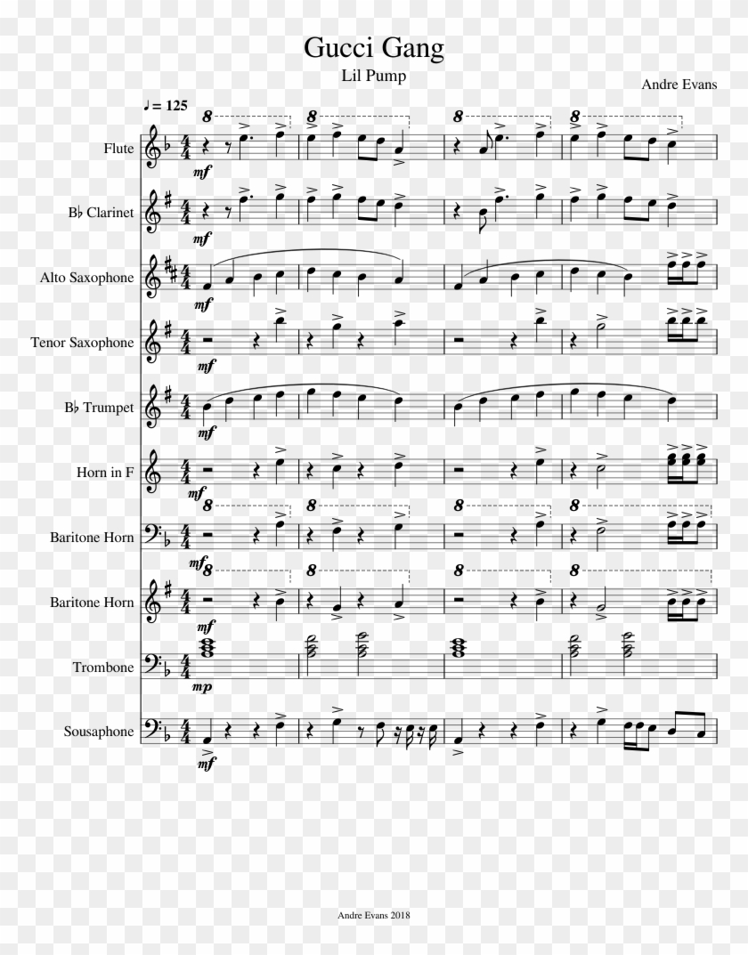 Gucci Gang Sheet Music For Flute, Clarinet, Alto Saxophone, - Trip Ella Mai Piano Sheet Music Clipart