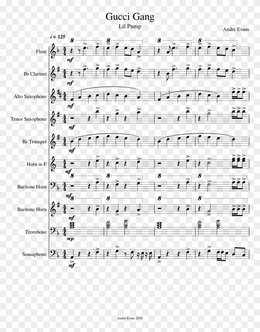 Gucci Gang Sheet Music For Flute, Clarinet, Alto Saxophone, - Trip Ella Mai Piano Sheet Music Clipart