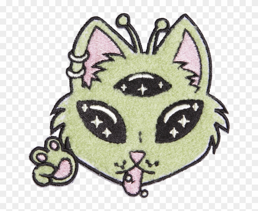 Green Alien Cat With Three Eyes Chenille Patch - Squitten Clipart