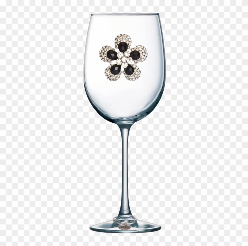 Black Diamond Flower Jeweled Stemmed Wine Glass - Wine Glass With Hearts Clipart