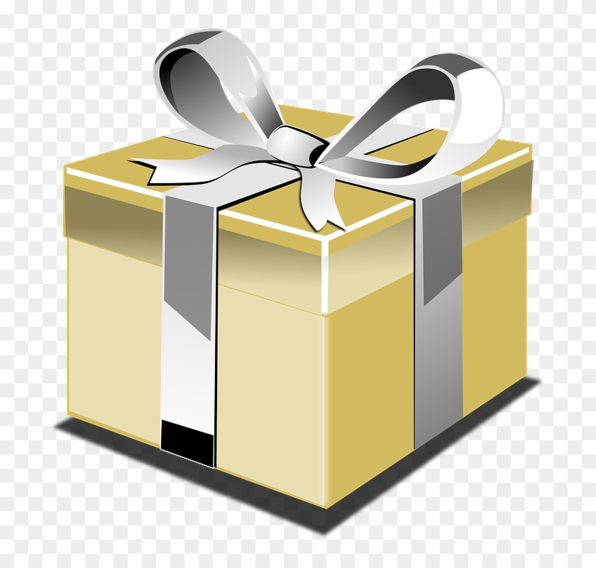 Present, Gift, Ribbon, Bow, Yellow, Gold, Silver - Gold Gift Box Png Clipart
