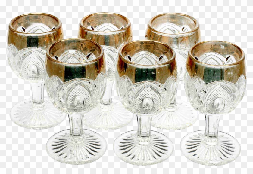 Eapg New Hampshire Wine Glasses Set Of 6 Gold Trim - Champagne Stemware Clipart