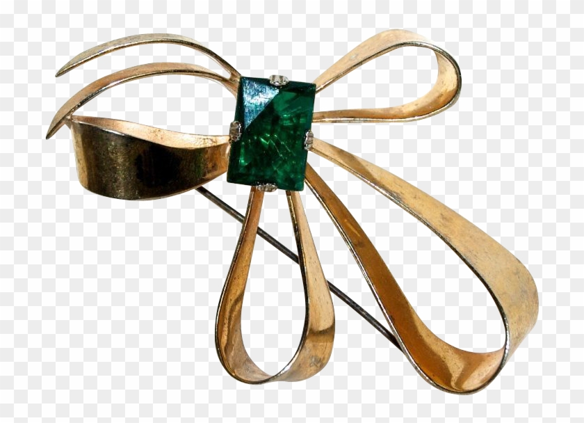 Sterling Silver Bow Brooch W/ Green Glass Stone From - Crystal Clipart