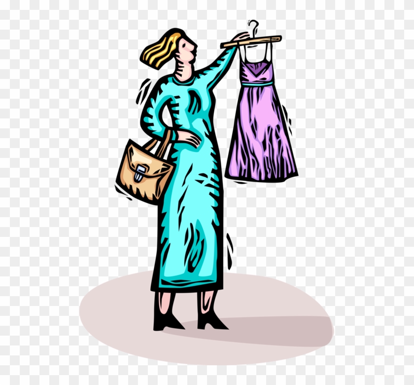 Vector Illustration Of Shopper Finds New Dress In Retail - Illustration Clipart