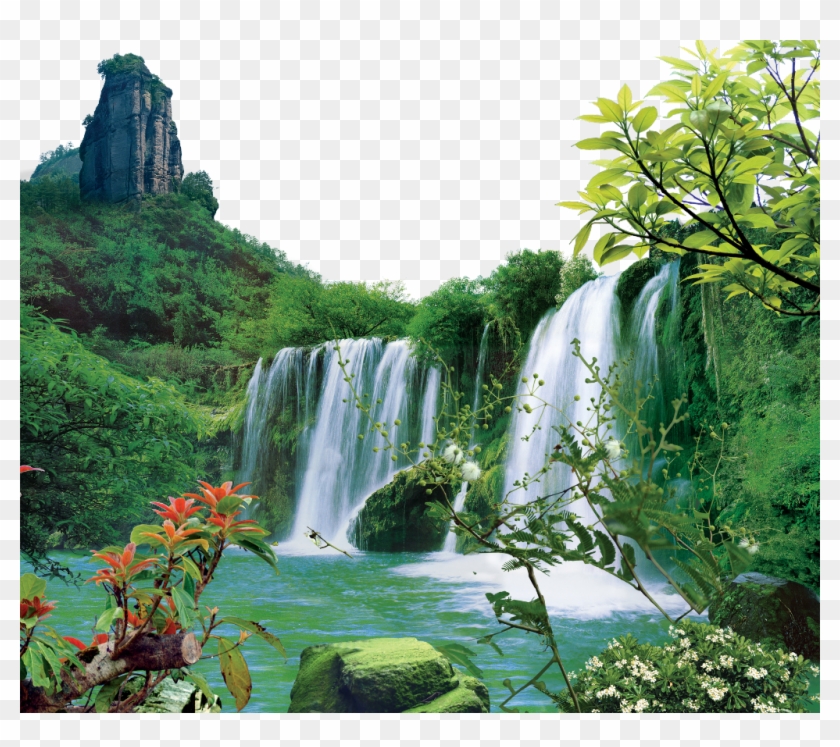 Scnature Nature Tree Hill Flower Leaf Leaves Waterfall - Natural Water Background Hd Clipart #4836009