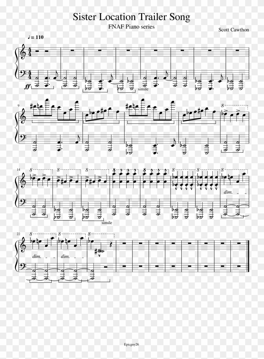 Sister Location Trailer Song Sheet Music Composed By - Bye Bye Yesterday Piano Notes Clipart #4843794