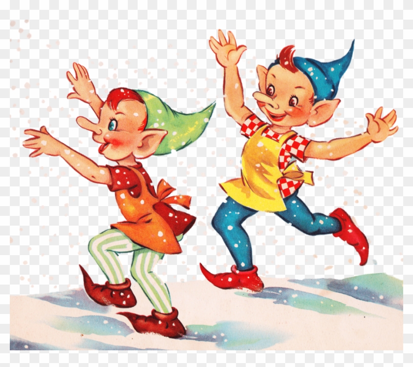 Elves Clipart Retro - Clipart Vintage Christmas Card Elf - Png Download