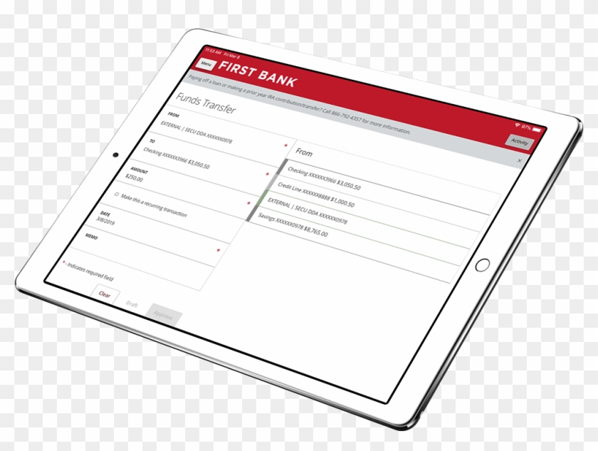 Tablet With First Bank Funds Transfer On The Screen - Tablet Computer Clipart
