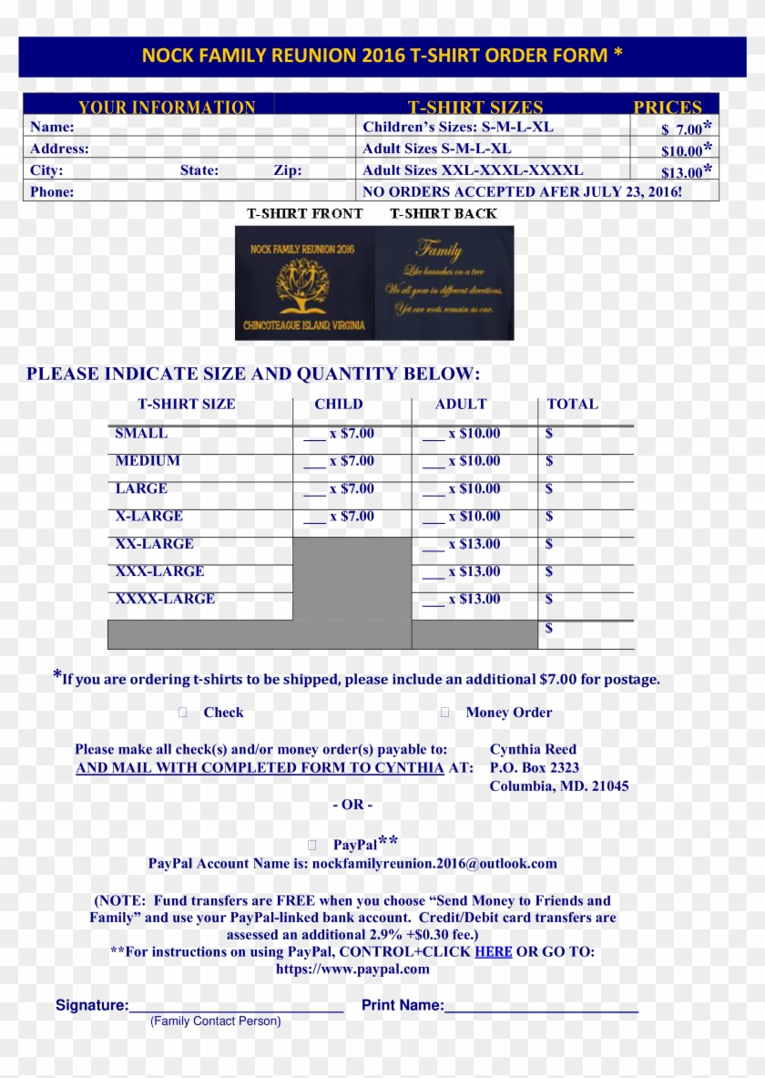 Family Reunion T Shirt Order Form Main Image Download - Family Reunion Tshirt Size Form Clipart
