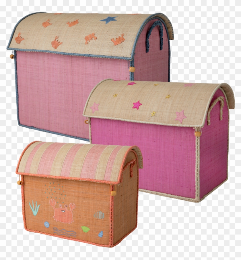 Set Of 3 Sea Theme Raffia Toy Storage Baskets In Pink - Wood Clipart