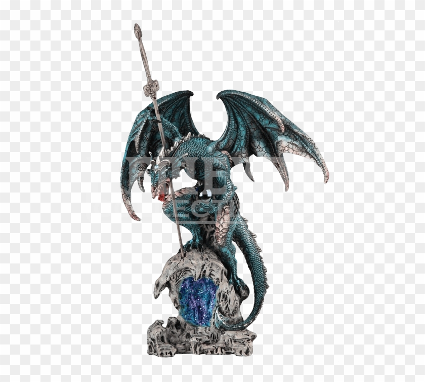 Blue Dragon With Sword And Stone Statue - Medieval Dragon Clipart