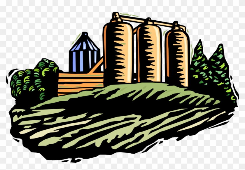 Vector Illustration Of Farm Storage Silos With Farmland Clipart #4992842