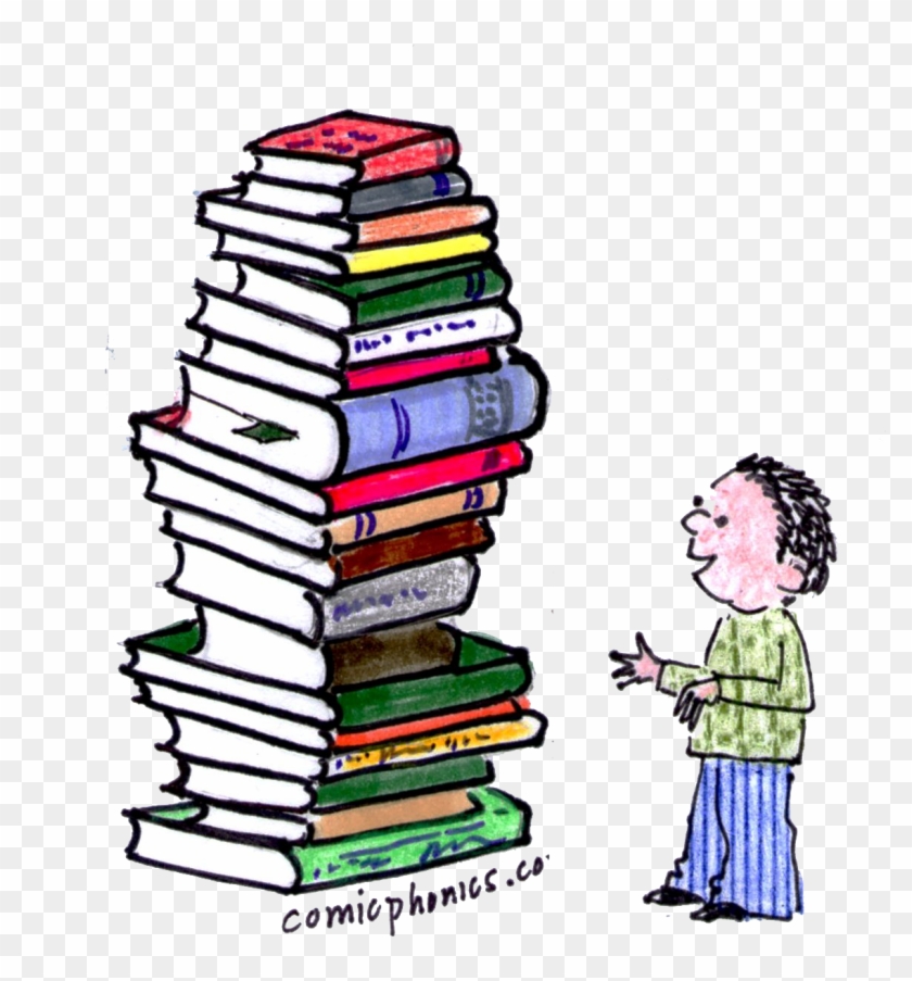 Preschooler Looking At A Tall Stack Of Books - Book Clipart
