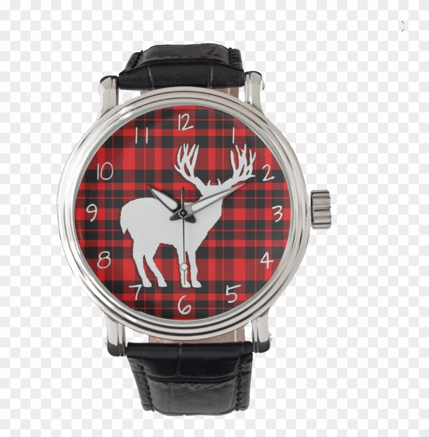 Deer Stag Silhouette On Red Black Plaid Watch - Watch Clipart #52300
