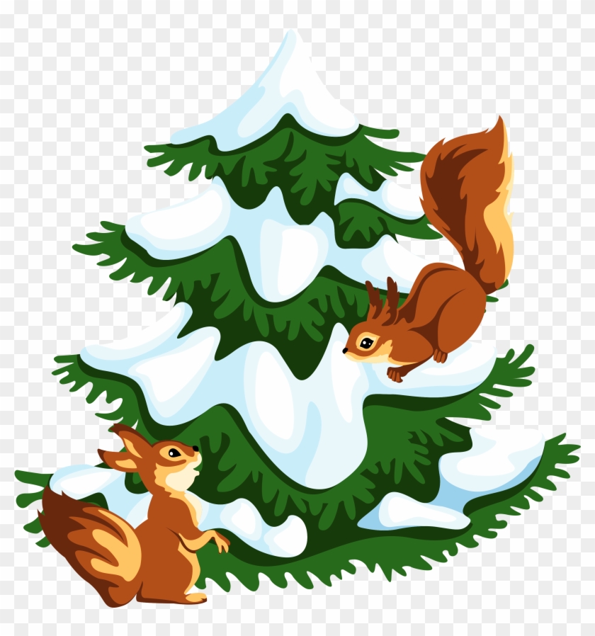 Transparent Snowy Tree With Squirrels Png Clipart - Cartoon Squirrel And Trees #508565