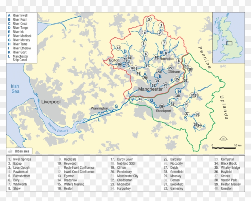 Map Of The Mersey And Irwell Catchments, Northwest - River Mersey Catchment Map Clipart