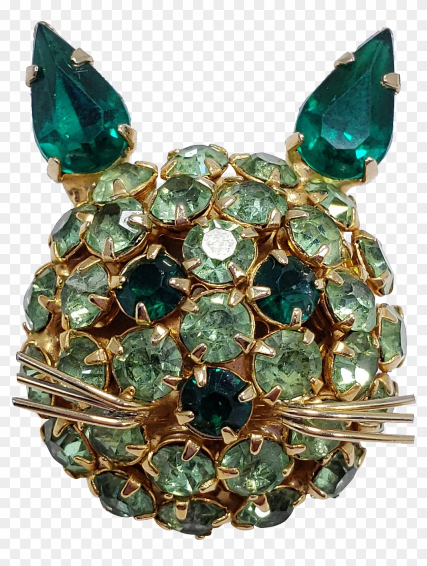 James Warner Green Rhinestone Cat Pin Brooch - Crystal Clipart