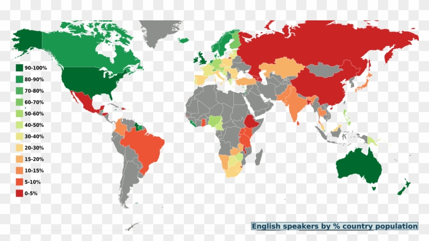 World Map Percentage English Speakers By Country - Many People In The World Speak English Clipart