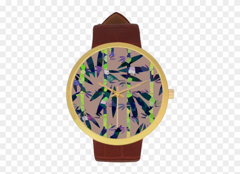 Bamboo Leaves Women's Golden Leather Strap Watch - Emblem Clipart