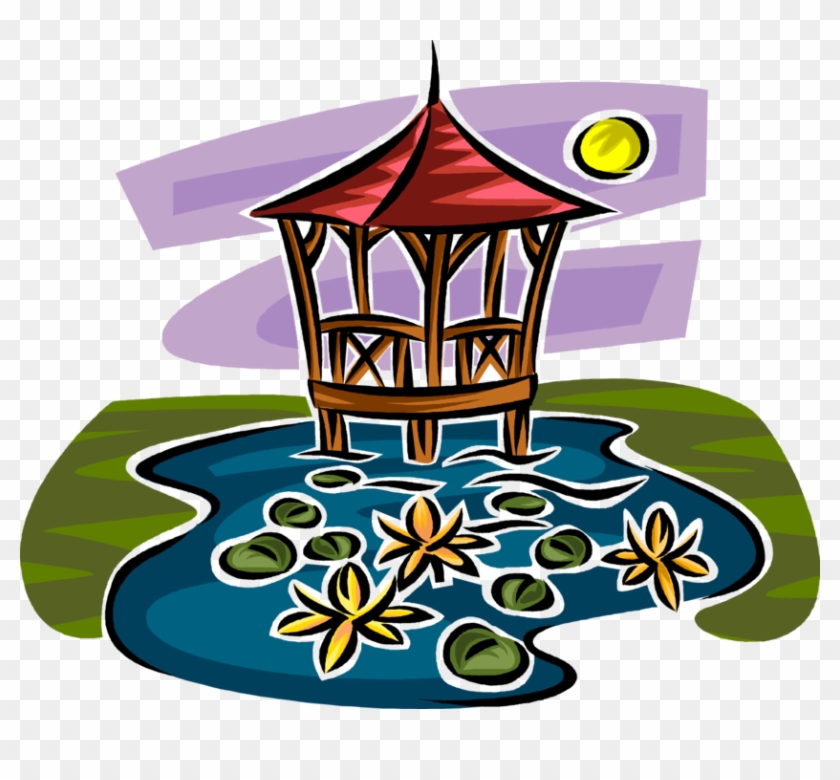 Vector Illustration Of Gazebo In Garden Pond With Lily - Gazebo Vector Clipart #5133632