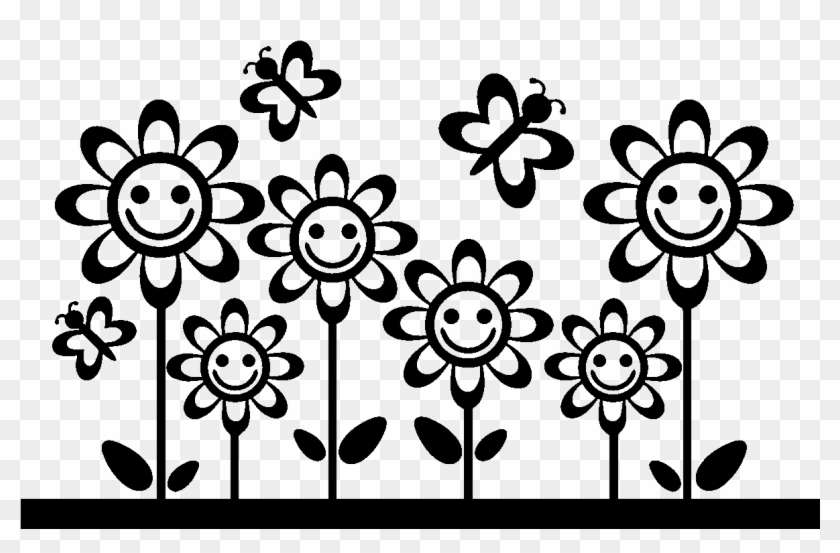 Sticker Paquerette Et Papillons Ambiance Sticker Kc - Cartoon Flowers Background Clipart